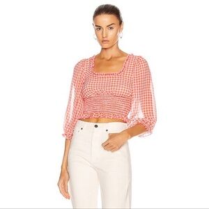 Sandy Liang Moana Smocked Puff Sleeve Blouse Gingham Plaid Sz S